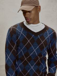 Musero 修身长袖针织菱形图案V领套头衫，下摆细节设计，冬季必备单品 - 彩色 - 查看 2