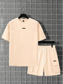 Manfinity Homme Men's Casual Patch Detail Drop Shoulder T-Shirt And Shorts Set, Summer - Apricot - View 4