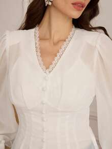 Modelyn Women's French Elegant Contrast Lace V-Neck Button Down Pleated Waist Puff Sleeve Blouse - White - View 7
