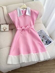 SHEIN Tween Girl Pink And White Summer Elegant Party Dress, Waist Cinched Collared Sleeveless A-Line Patchwork Design, Preppy Tween Girl Bow Casual Commuting Dress - Pink - View 4