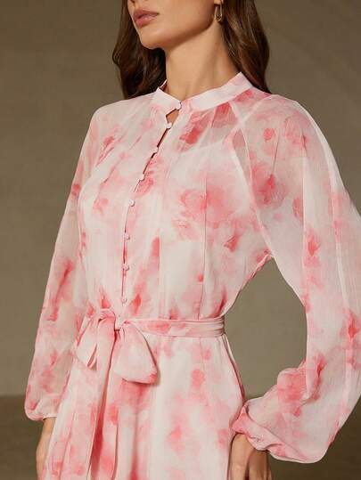 Aveloria Rosie Vestido de gasa elegante y ligero con cuello alto, cinturón en la cintura y diseño de bajo acampanado, adecuado para mujeres con estilo