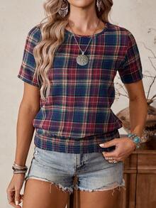 LanaWest 女士格子圆领短袖衬衫，通勤和休闲外出穿着舒适 - 彩色 - 查看 5