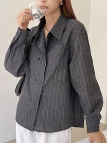 DAZY 女士长袖条纹衬衫，商务休闲款 - 灰色 - 查看 4