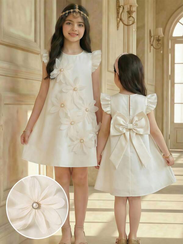 SHEIN Young Girl Woven Solid Color Round Neck Cap Sleeve Casual Dress