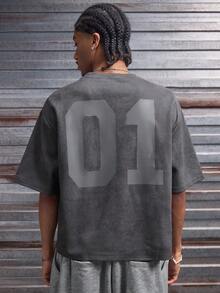 AXEPEAK 男士数字印花圆领休闲宽松T恤 - 灰色 - 查看 3