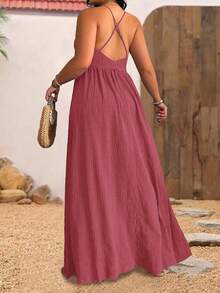 Sunserae 大码女式深V领交叉露背纹理腰带沙滩度假连衣裙 - 藕粉色 - 查看 2