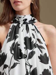 Ontre 2026春夏新款女式梭织面料褶皱印花宽松高领系带连衣裙，适合情人节、婚礼季、独立日、都市时尚、简约通勤风。 - 白色 - 查看 7