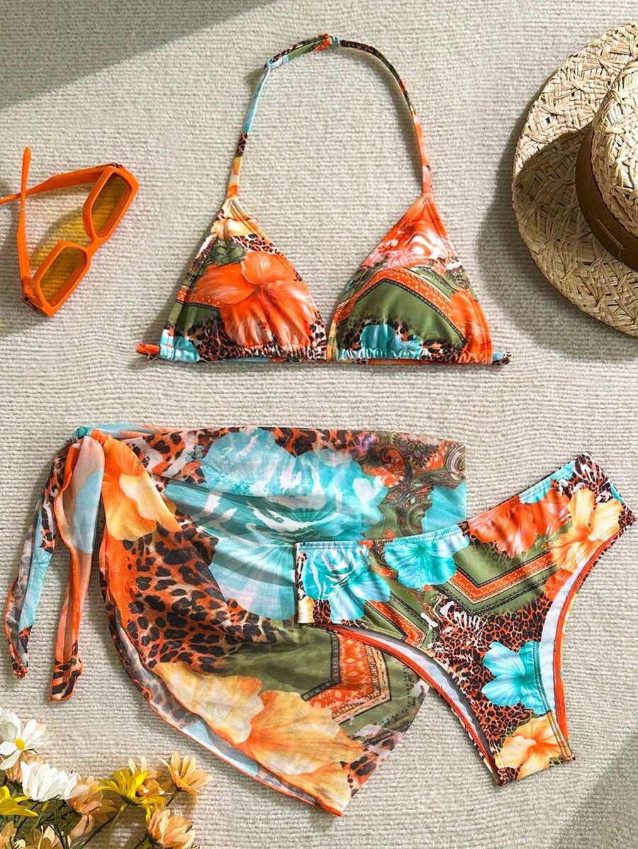 SHEIN Conjunto de bikini con estampado de leopardo y floral para adolescentes, ideal para vacaciones de verano y playa - Multicolor - Ver 1