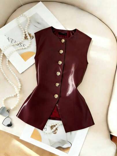 Franclia New Autumn Burgundy PU Vest Jacket For Women, Fashionable Commuter Suit, Street Style, Elegant Blazer, Metal Button Top, Commuter, Business