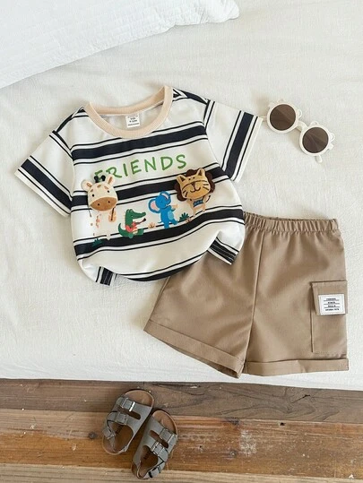 Set de 2 piezas de camiseta de manga corta con rayas y diseño de personaje de dibujos animados, y pantalones cortos casuales color caqui para bebé niño, para verano