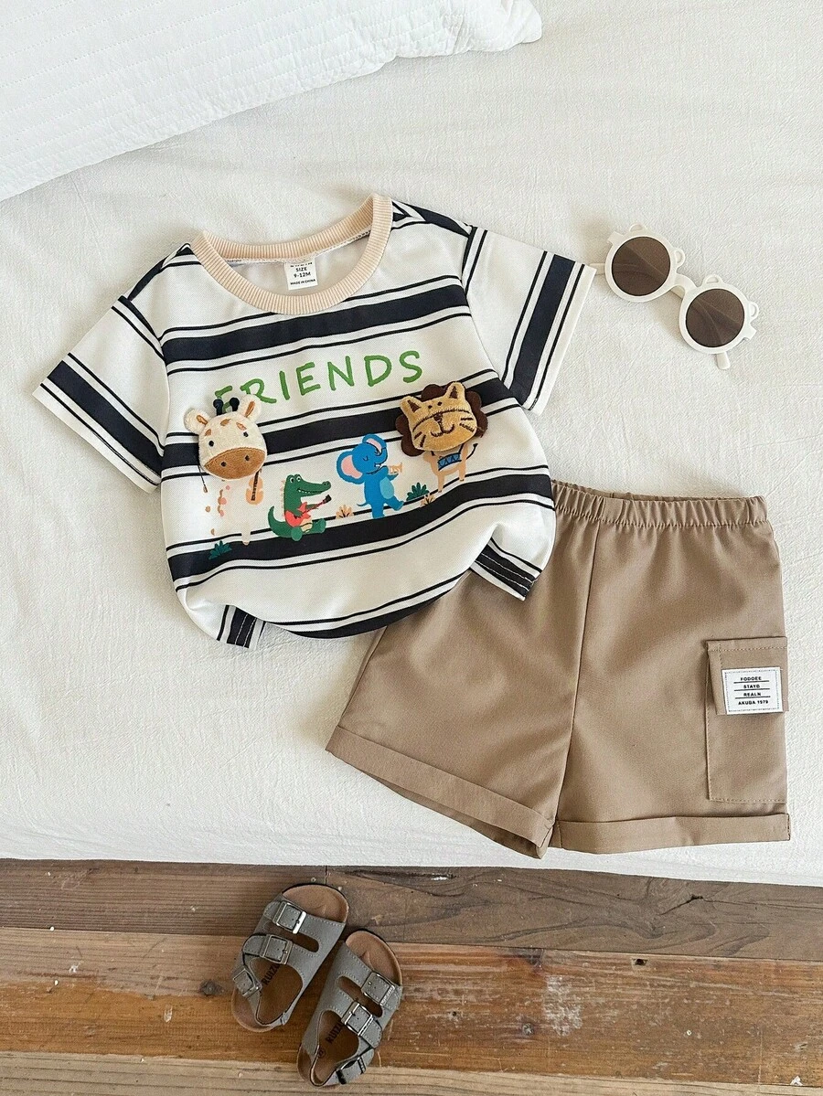 SHEIN 2pcs/Set Baby Boy Cute Cartoon Character Striped Short Sleeve T-Shirt And Khaki Casual Shorts Set, Summer - Multicolor - View 1