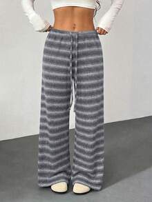 SHEIN PETITE Bộ quần áo nữ thoải mái, giản dị, cạp thấp, có dây rút, ống rộng, kẻ sọc, quần dài mặc nhà. - Xám - Xem 7