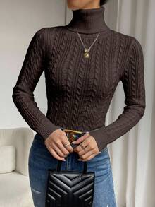 SHEIN Casual Solid Color Turtleneck Sweater, Autumn/Winter - Coffee Brown - View 7