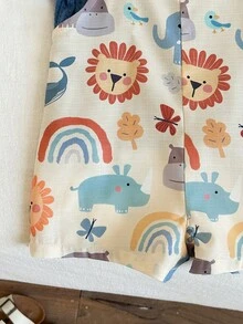 SHEIN 2pcs/Set Baby Boy/Unisex Casual Knit Navy Blue Short Sleeve T-Shirt With Cartoon Lion Print & Bib Pants Romper Set, Summer 2pcs Set Toddler Baby Casual Sets Toddler Sets Summer - Multicolor - View 5