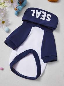 PETSIN 1pc Polyester Animal-Themed, Letter-Print, Warm Hooded Sweatshirt Suitable For Cats And Dogs, Both Indoors And Outdoors. - Blue and White - View 4