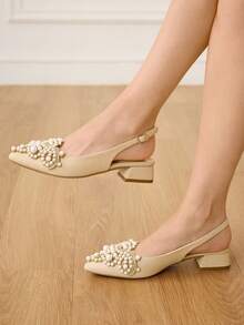 CUCCOO HITCHD 25cm Spring/Summer New Romantic Elegant Pointed Toe Faux Pearl Decor Mid-Heel Khaki High Heels Peep Toe Shoes, Bridal Wedding Shoes Valentine's Day - Khaki - View 2