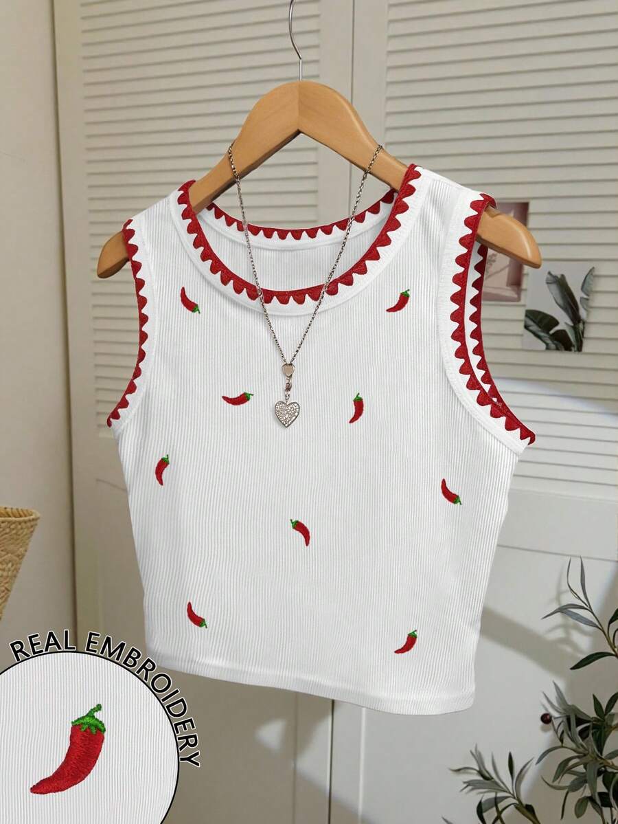 Resyla Chili Pepper Embroidery Design Women Camisole, Fashionable Shell Trim Sleeveless Top - Multicolor - View 1