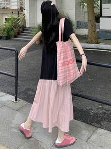 DAZY 女式长款拼布连衣裙、荷叶边连衣裙、休闲女装 - 黑色 - 查看 5