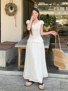 DAZY 女士V领蕾丝休闲韩版衬衫+半裙两件套 - 白色 - 查看 6