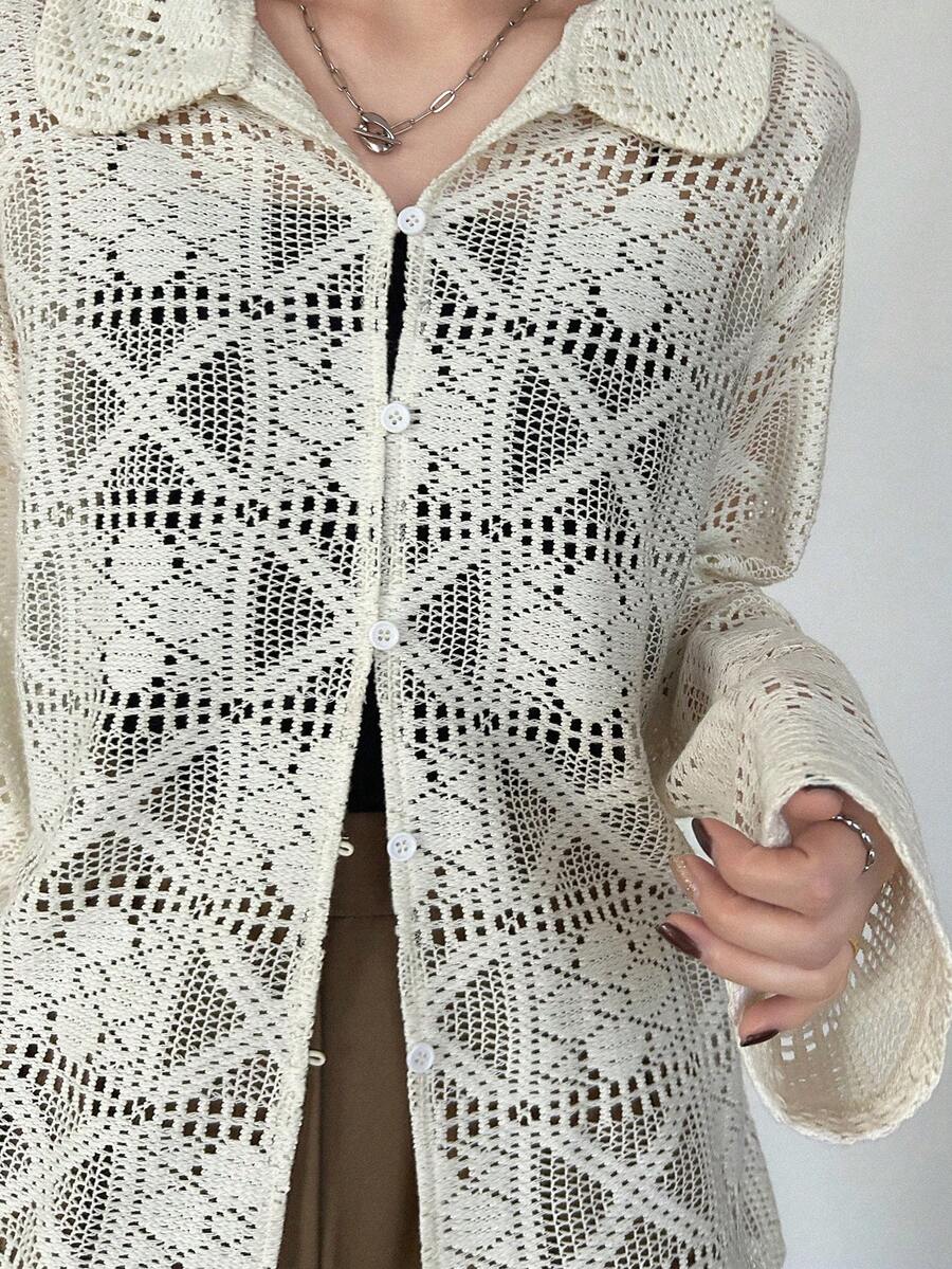 FRIFUL Solid Color Lapel Sheer Lace Fabric Layered Loose Casual Versatile Blouse - White - View 1