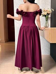 Feyla 女士优雅露肩荷叶边连衣裙，适合派对穿着 - 酒紅色 - 查看 3