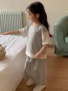 DAZY Young Girls' Round Neck Contrast Color 2 In 1 Korean Style Casual T-Shirt And Skirt Set Spring Summer - Grey - View 5