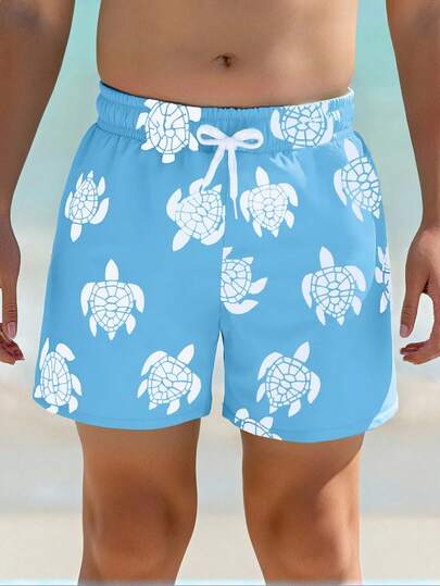 SHEIN Young Boys Swimwear Boys' Swim Shorts Beach Pants Casual Blue Turtle Print Swim Trunks Drawstring Adjustable Waistband Woven Fabric Beach Shorts Perfect For Holidays Pool Summer Party Casual Beach Shore