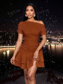 SOLERSUN Women's Elegant Party Daytime Apricot Knitted Asymmetrical Neck Neck Long Sleeves Gathered Double Ruffle Mini Dress - Rust Brown - View 9