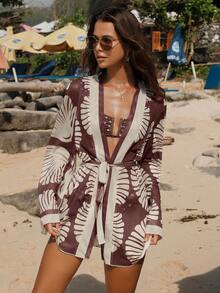Swim Chiccia Boho Seashell Print Chiffon Kimono Cover Up, Beach Vacation Bohemian Ocean Style - Burgundy - View 5