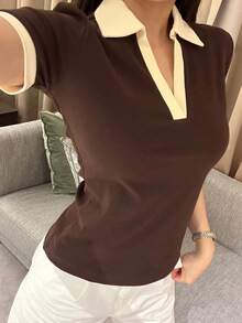 DAZY Contrast Trim Polo Neck Tee - Coffee Brown - View 2