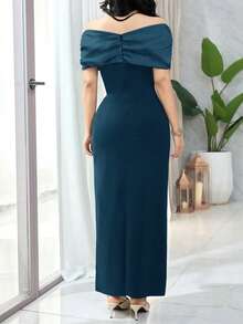 Feyla Women's Rhinestone Decor Ruched Off Shoulder Fitted Elegant Dress - Lake Blue - View 8