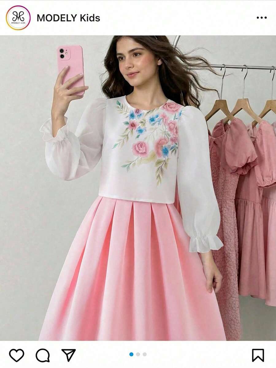 2pcs/Set Tween Girls Fresh & Sweet Style White Blouse + Pink Mini Skirt Outfit, Suitable For Vacation, Campus, Commute, Casual Wear, Youthful & Fashionable - Multicolor - View 1