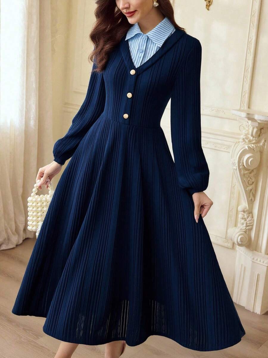 Vintamour 复古优雅女士连衣裙，带口袋，二合一针织提花纹理撞色条纹衬衫纽扣休闲工作度假连衣裙夏季连衣裙长款夏季连衣裙女士夏季服装女士夏季服装春季服装女士春假服装情人节女士情人节服装情人节连衣裙情人节服装情人节服装优雅女士连衣裙女士优雅连衣裙女士生日连衣裙 - 藍色 - 查看 1