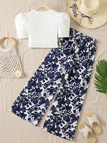 SHEIN 少女白色纯色罗纹针织T恤和印花系带短裤两件套，适合夏季、毕业典礼、返校、度假、节日、午餐、音乐节等场合。 - 藍白色 - 查看 2