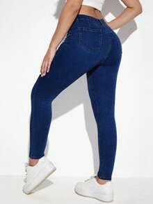EMERY ROSE Quần jean skinny dáng suông có túi cài nút dành cho nữ cỡ lớn, thích hợp mặc hàng ngày, thích hợp mặc thường ngày. - Rửa tối - Xem 2