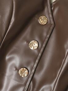 Franclia 女士纯色PU皮革露背单排扣时尚百搭约会派对上衣 - 咖啡棕 - 查看 4