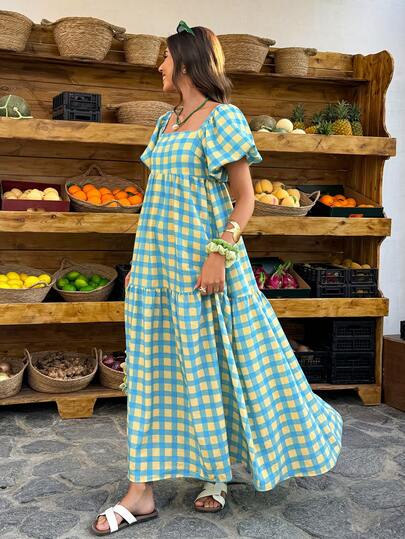 Selianne Yellow & Green Plaid Square Neck Puff Sleeve Maxi Dress - Retro Bohemian Style For Vacation, Daily Outings & Casual Wear, Women's Spring & Summer Dress