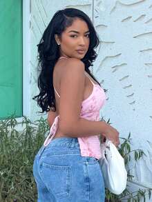 Alexandranx 春夏纯色粉色提花吊带背心，女士细肩带度假背心，提花上衣 - 粉色 - 查看 4