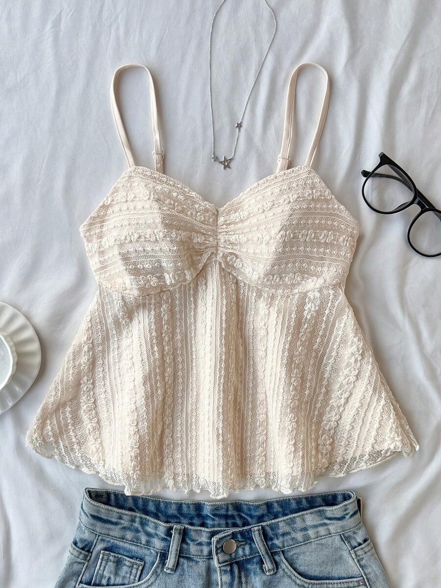 黑色衬衫,秋季服装,夏季修身不对称蕾丝长袖T恤,下摆拼接荷叶边设计,上衣,四季必备,舒适高弹面料,24 BOHO - 杏色 - 查看 1