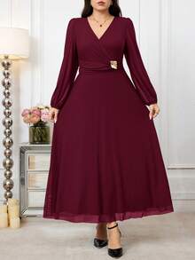 Modelyn Đầm thanh lịch cỡ lớn, màu trơn, tay raglan chéo, eo thắt - Màu Đỏ Sâu - Xem 6