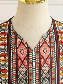 Young Girls Geometric Pattern V-Neck Long Sleeve A-Line Casual Maxi Dress, Suitable For Beach Party, Summer - Black - View 5