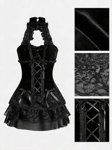 ROMWE Goth 哥特式宫廷浪漫奢华天鹅绒蕾丝荷叶边拼接系带腰身女装 - 黑色 - 查看 1