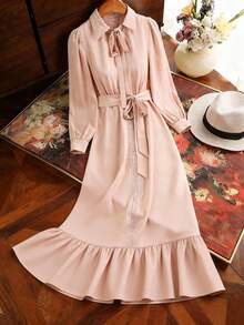 Nubod 大码女式纯色系带领泡泡袖荷叶边下摆优雅连衣裙 - 粉色 - 查看 1
