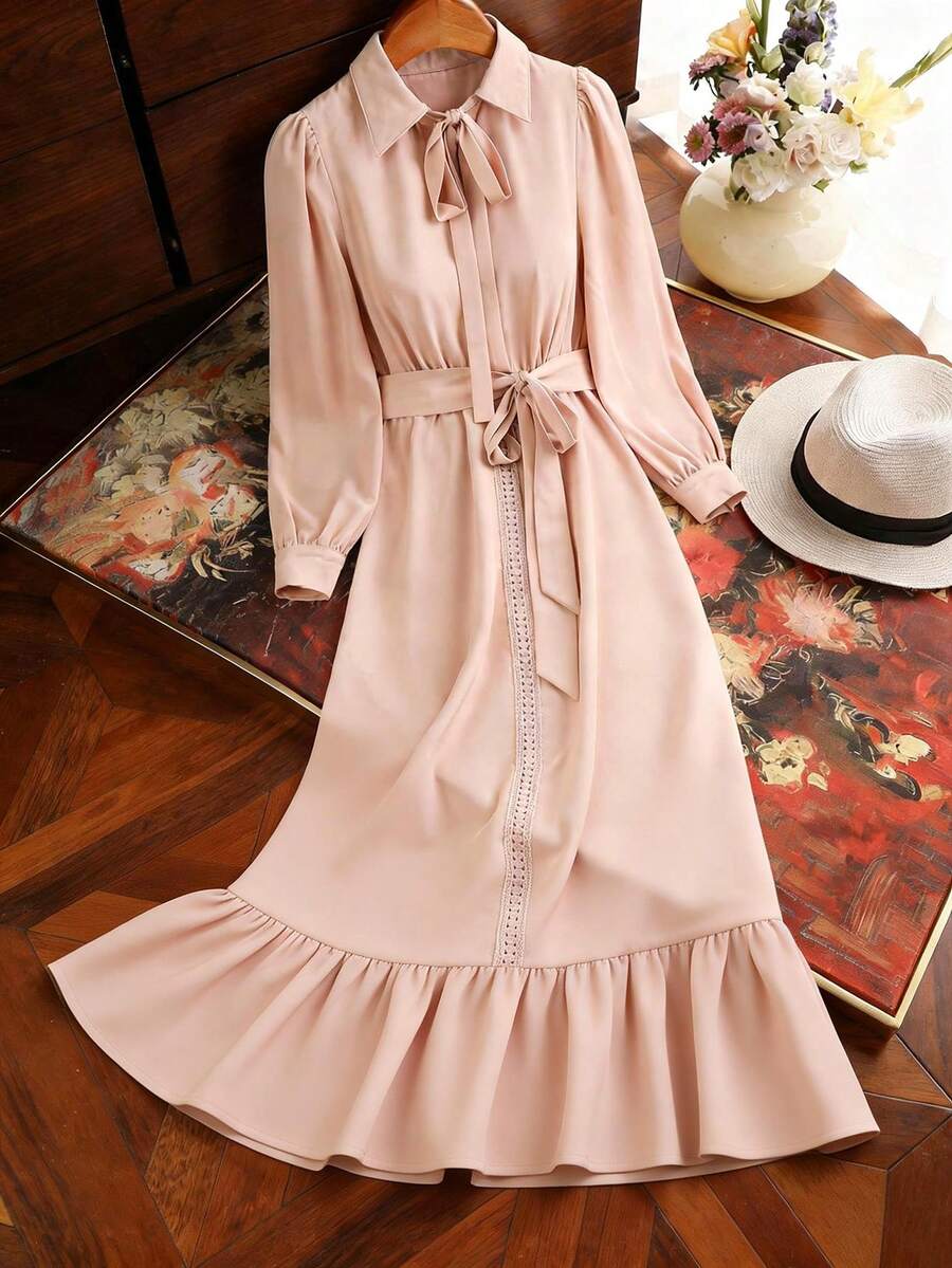 Nubod 大码女式纯色系带领泡泡袖荷叶边下摆优雅连衣裙 - 粉色 - 查看 1