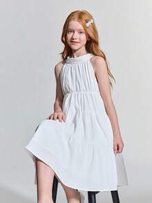Maija Kids Maija Kids 少女款白色编织超大蝴蝶结撞色圆领无袖宽松休闲连衣裙 - 白色 - 查看 7