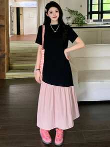 DAZY 女式长款拼布连衣裙、荷叶边连衣裙、休闲女装 - 黑色 - 查看 6