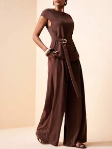 Zivah Elegant Coffee Brown Autumn 2-Piece Set For Work,Short Sleeve Top With Shoulder Ruffle,Metal Decor,Waist Tie & Wide Leg Pants With Pockets,Office Wear - Brown - View 4