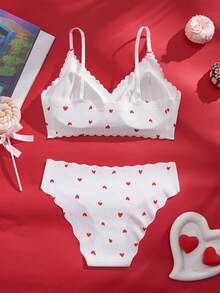 Eraneu Valentine's Day Sweet Heart Print Wavy Edge Adhesive Seamless Bra Set, 2pcs Sleepwear Bra Set - Red and White - View 2