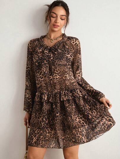 Freevana 复古棕色豹纹雪纺泳衣罩衫 - 系带V领+层叠荷叶边设计波西米亚风沙滩裙罩衫（女士款）