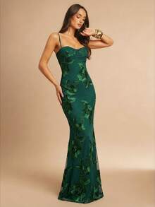 Silquee 3D Floral Sexy Bodycon Slip Dress ,Summer Dress,Elegant Dress - Dark Green - View 4